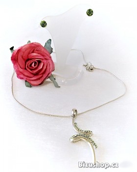 Souprava , Řetíze s přívěskem a náušnice, skleněné zelené kameny  2512 A